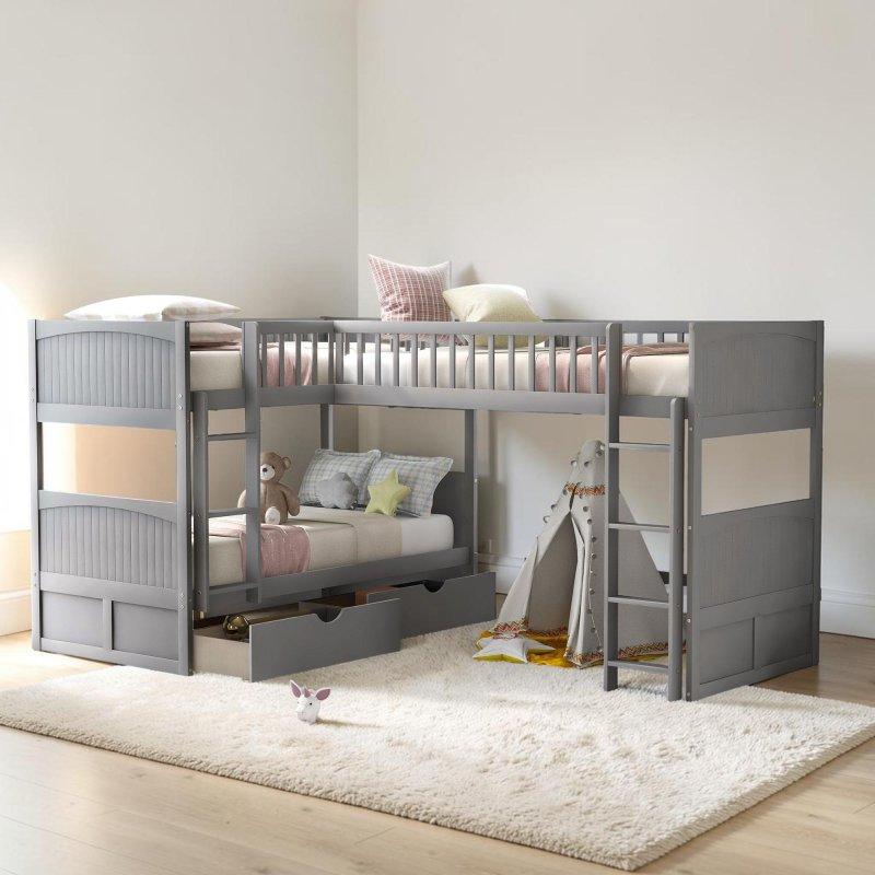 Gri Çam Ağacı ve MDF Çekmeceli Üç Yataklı Ranza - 302x200x156 cm - 248967