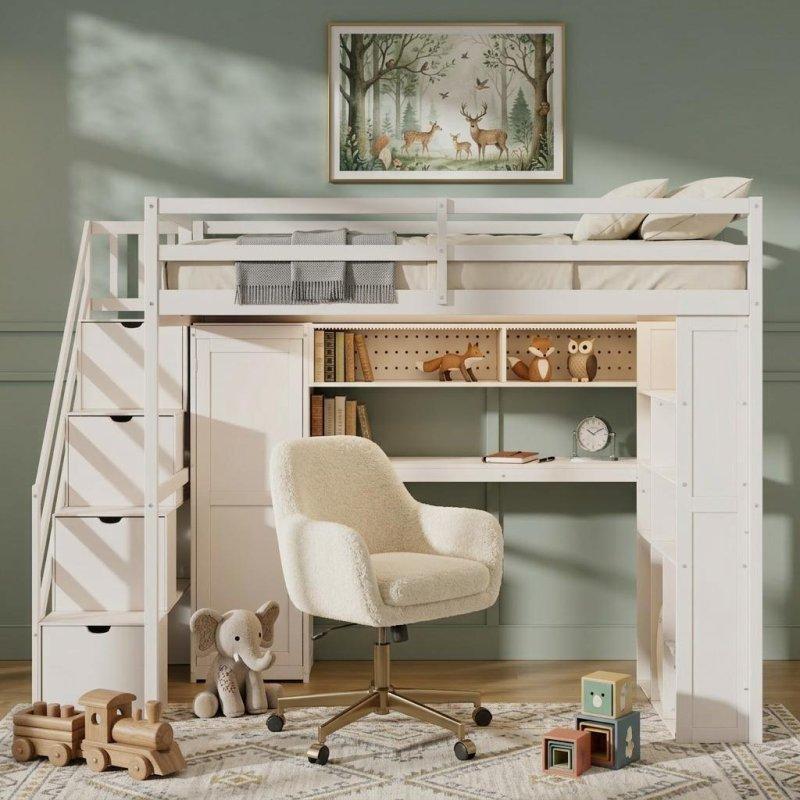 Gri Çam Ağacı ve MDF Dolaplı Çalışma Masalı LED Aydınlatmalı ve Depolamalı Merdivenli Ranza - 249672