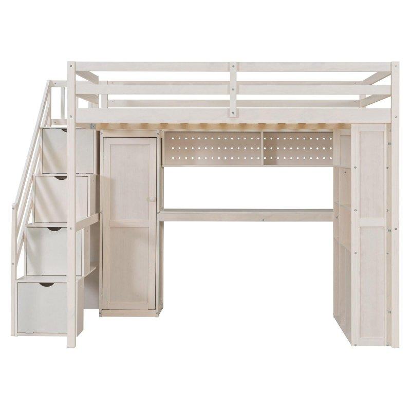 Gri Çam Ağacı ve MDF Dolaplı Çalışma Masalı LED Aydınlatmalı ve Depolamalı Merdivenli Ranza - 249672
