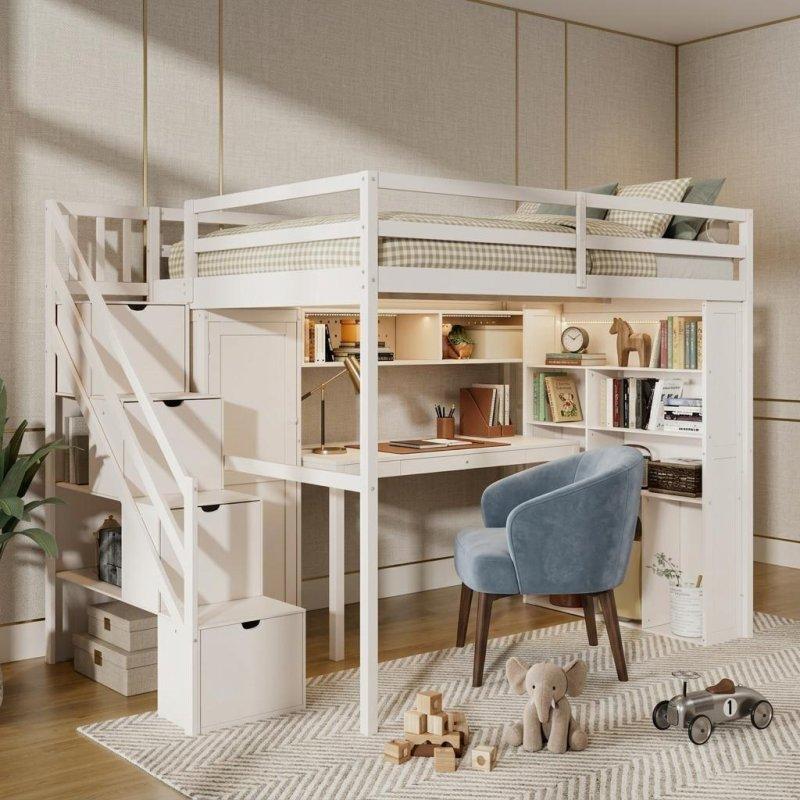 Gri Çam Ağacı ve MDF Dolaplı Çalışma Masalı LED Aydınlatmalı ve Depolamalı Merdivenli Ranza - 249672