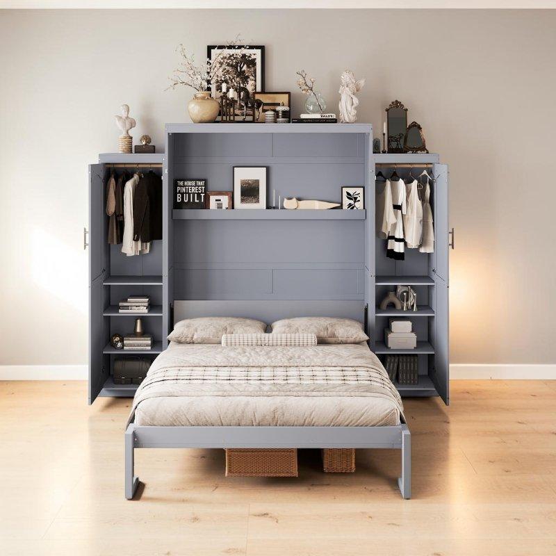 Gri Çam Ağacı ve MDF Gardıroplu Raflı Katlanabilir Duvar Yatağı - 281 cm - 266759