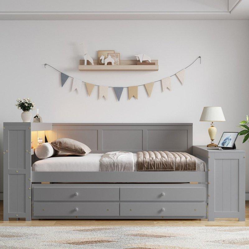 Gri Çam Ağacı ve MDF Yavru Yataklı Çekmeceli LED Aydınlatmalı Daybed Karyola - 329766