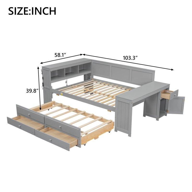Gri Çam Ağacı ve MDF Yavru Yataklı Çekmeceli LED Aydınlatmalı Daybed Karyola - 329766