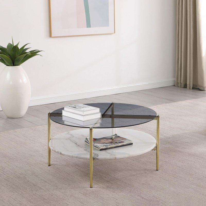 Gri Cam Tablalı Beyaz Mermer Raflı Gold Metal Yuvarlak Orta Sehpa - 85 cm - 241866