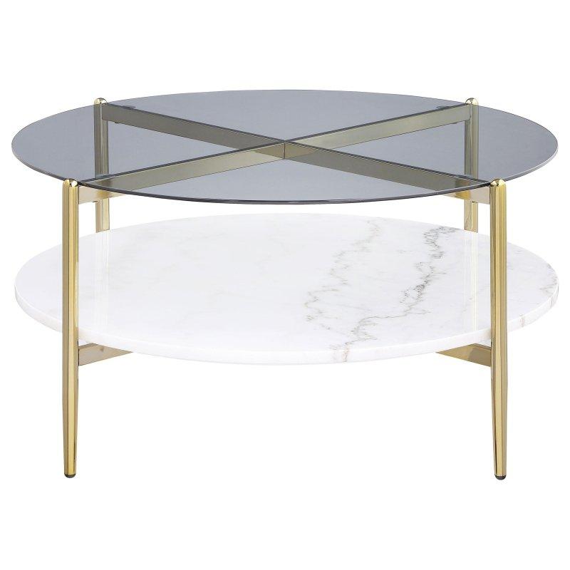 Gri Cam Tablalı Beyaz Mermer Raflı Gold Metal Yuvarlak Orta Sehpa - 85 cm - 241866