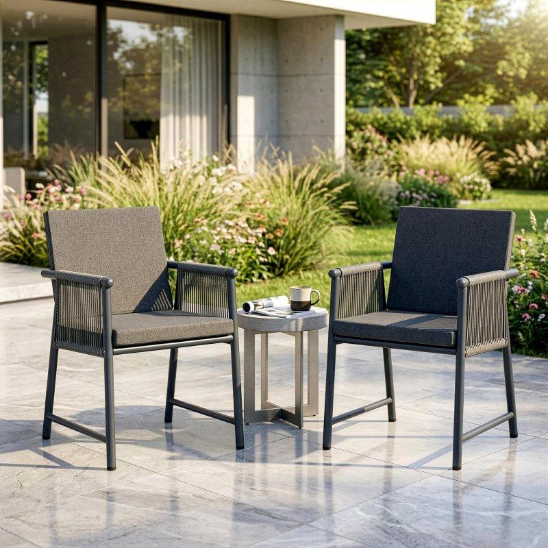 Gri Çelik El Örgüsü Dış Mekan 2li Rattan Sandalye Seti - 251535