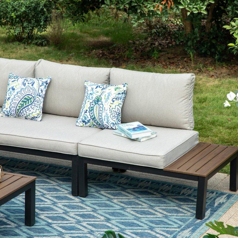 Gri Çelik ve Akasya Ahşap Modüler Yan Sehpalı 6 Kişilik Bahçe Takımı - 310x170 cm - 276425