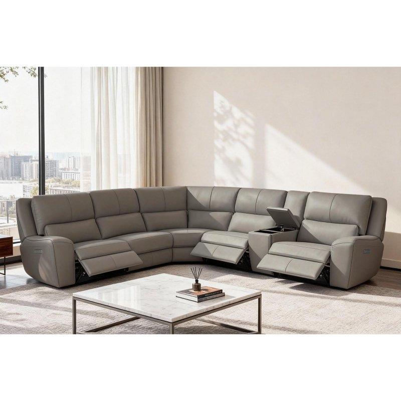 Gri Deri Elektrikli Mekanizmalı Kablosuz Şarjlı Köşe Koltuk - 354x318x112 cm - 256410