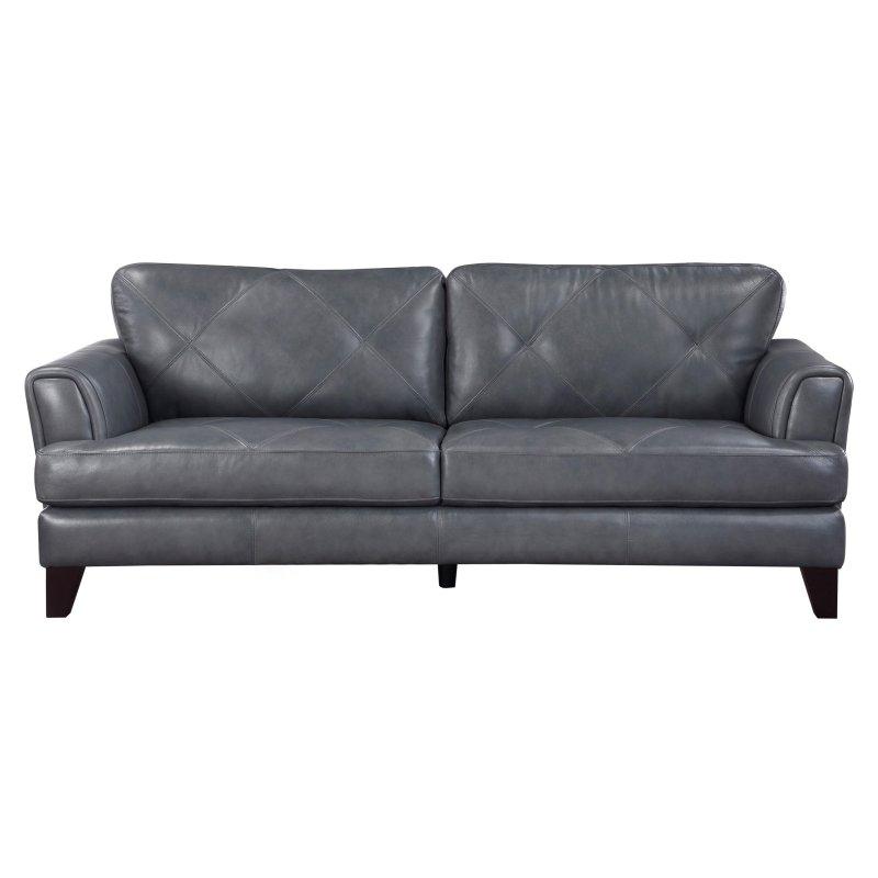 Gri Deri Masif Ahşap Ayaklı Geometrik Dikişli 3 Kişilik Bohem Koltuk - 224 cm - 289998