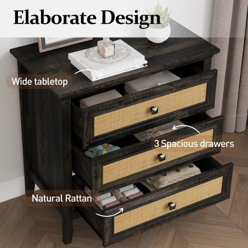 Gri Doğal Rattan 3 Çekmeceli Ahşap Şifonyer - 75x45x76 cm - 308097