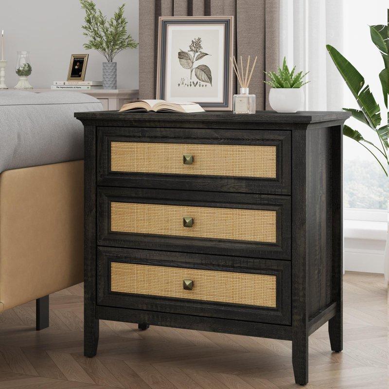 Gri Doğal Rattan 3 Çekmeceli Ahşap Şifonyer - 75x45x76 cm - 308097