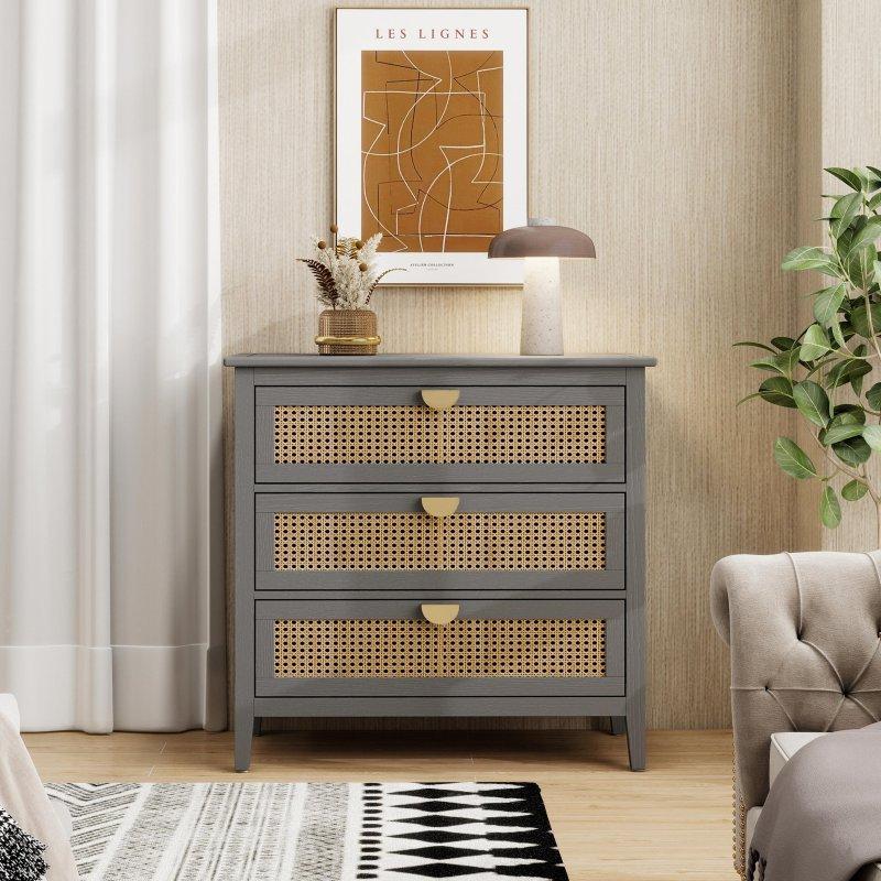 Gri Doğal Rattan Detaylı 3 Çekmeceli Modern Şifonyer - 310721