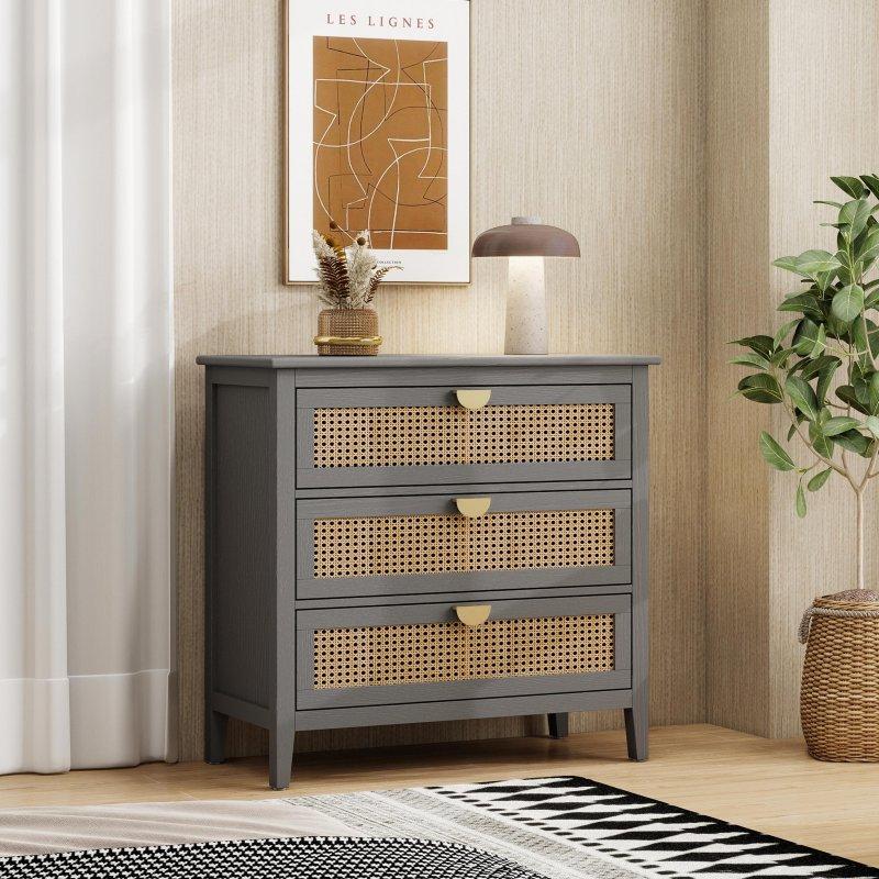Gri Doğal Rattan Detaylı 3 Çekmeceli Modern Şifonyer - 310721