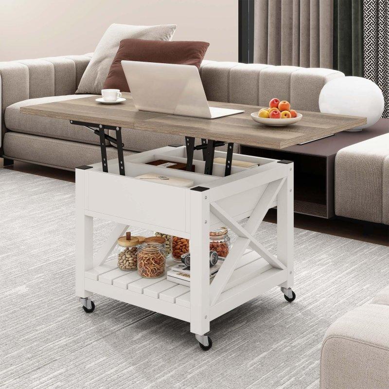 Gri Eskitme MDF Asansörlü Gizli Bölmeli Tekerlekli Akıllı Sehpa - 57x57x69 cm - 253972