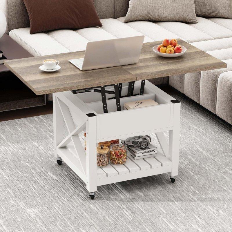 Gri Eskitme MDF Asansörlü Gizli Bölmeli Tekerlekli Akıllı Sehpa - 57x57x69 cm - 253972