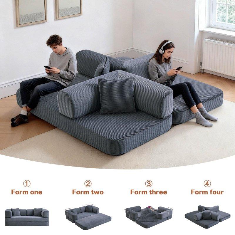 Gri Fitilli Kadife 5i 1 Arada Modüler Yataklı Bohem Koltuk - 190 cm - 286996