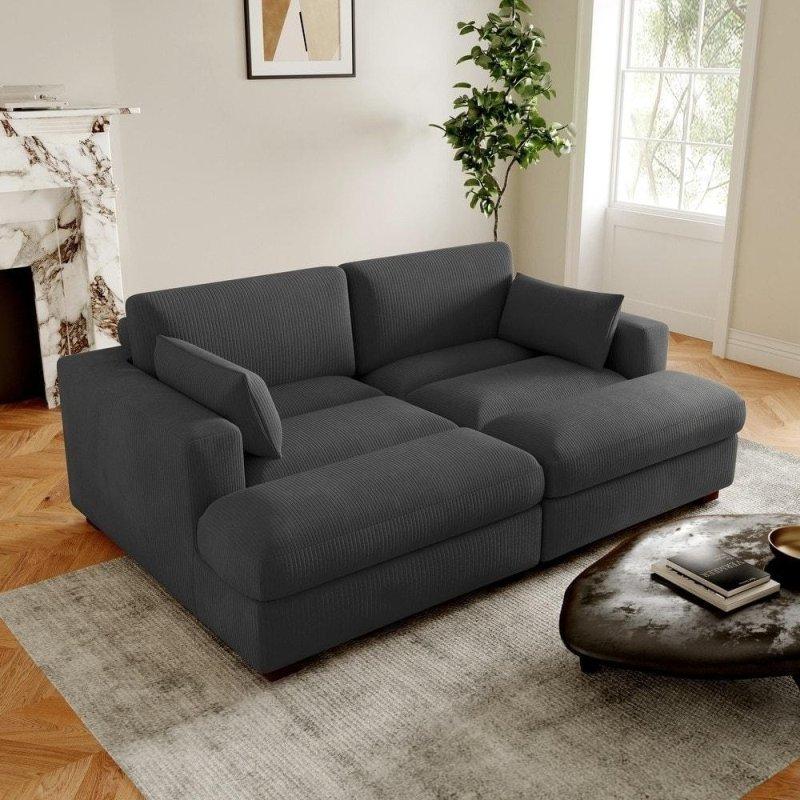 Gri Fitilli Kadife Çıkarılabilir Minderli Masif Ahşap Ayaklı Köşe Koltuk - 107x143x89 cm - 260141