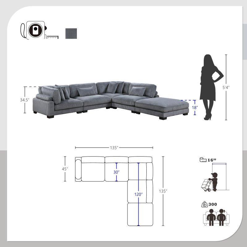 Gri Fitilli Kadife Kumaş Puflu Modüler Köşe Koltuk - 343x343 cm - 255861