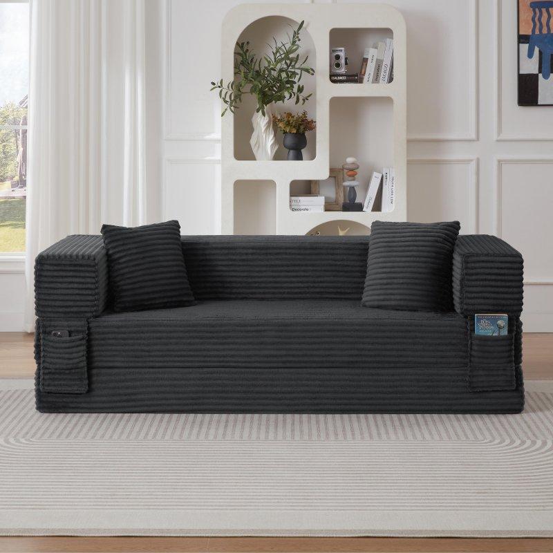Gri Fitilli Kadife Kumaş Yataklı Bohem Koltuk - 200x76x60 cm - 293156