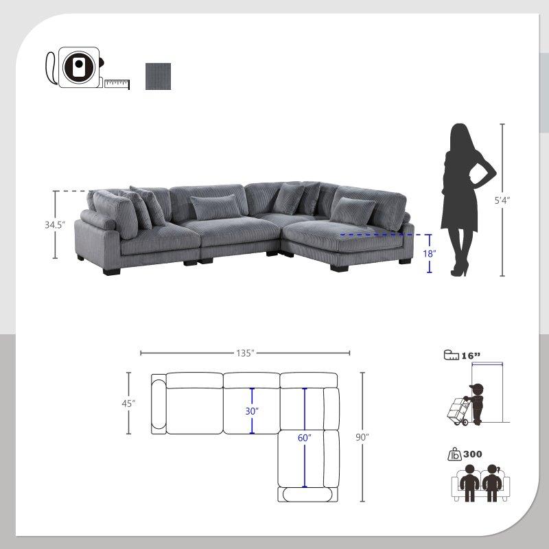 Gri Fitilli Kadife Modüler 4 Parçalı Köşe Koltuk - 343x229 cm - 254987