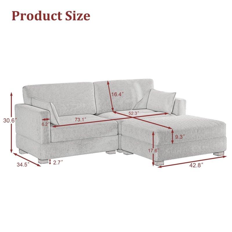 Gri Fitilli Kadife Modüler Ayarlanabilir Başlıklı Puflu Köşe Koltuk - 216 cm - 260579