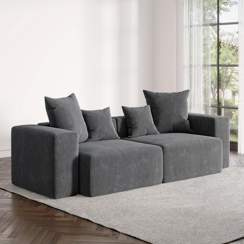 Gri Fitilli Kadife Modüler Geniş Kare Kollu Köşe Koltuk - 258069