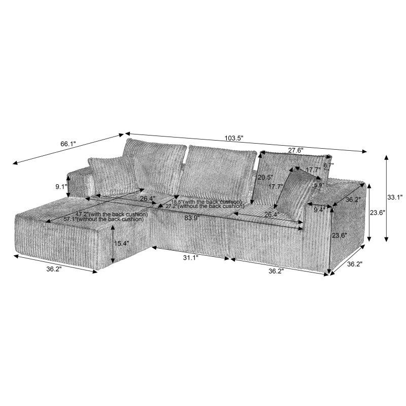 Gri Fitilli Kadife Modüler Sol Uzanmalı Bohem Koltuk - 263x168 cm - 286489