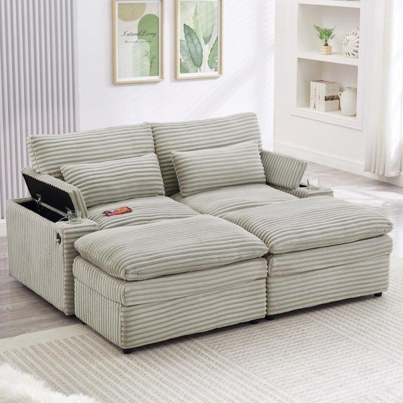Gri Fitilli Kadife USB Portlu Saklama Alanlı Yataklı Köşe Koltuk - 181x147 cm - 257862