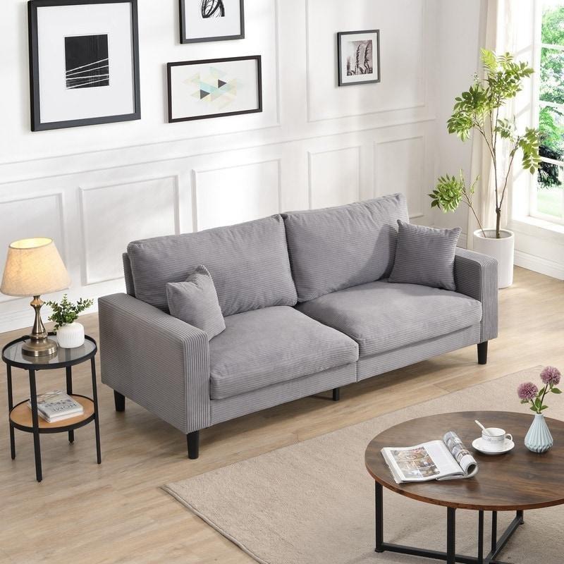 Gri Fitilli Kadife Yastık Sırtlı Masif Ahşap İskeletli Bohem Koltuk - 188 cm - 277166