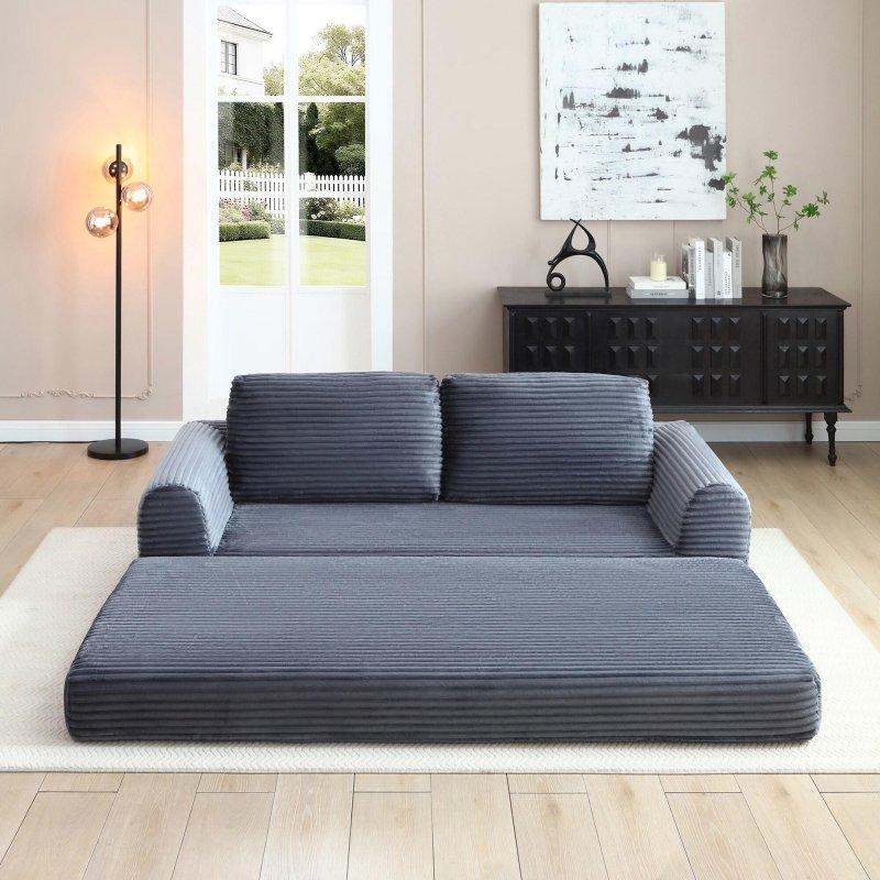 Gri Fitilli Kadife Yataklı Katlanır 2 Kişilik Bohem Koltuk - 209x95 cm - 291747