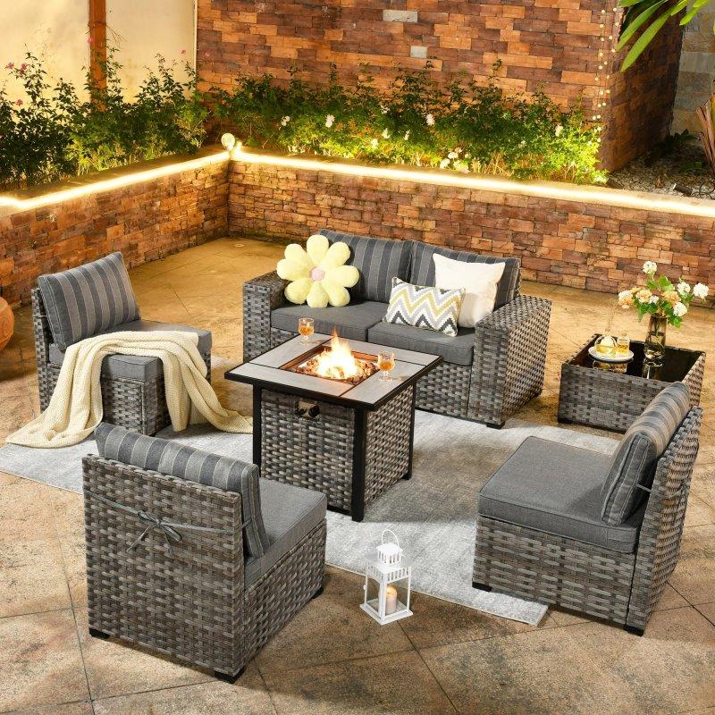 Gri Hasır Geniş Kolçaklı Ateş Çukurlu 7 Parça Bahçe Takımı - 269990