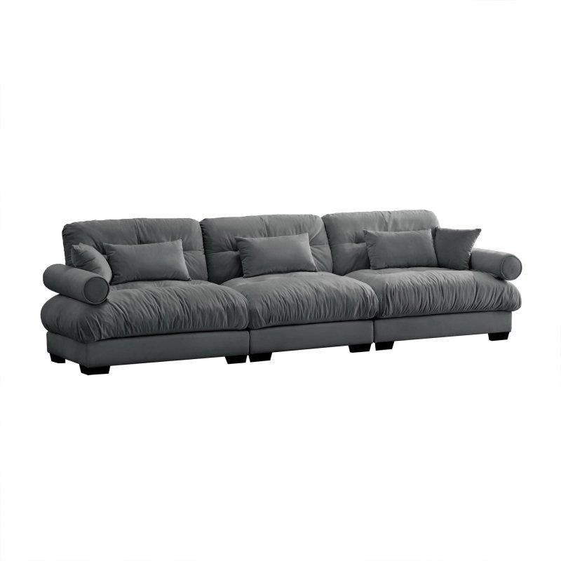 Gri Kadife 3 Kişilik Yuvarlak Kolçaklı Kapitoneli Bohem Koltuk - 331x94 cm - 292965