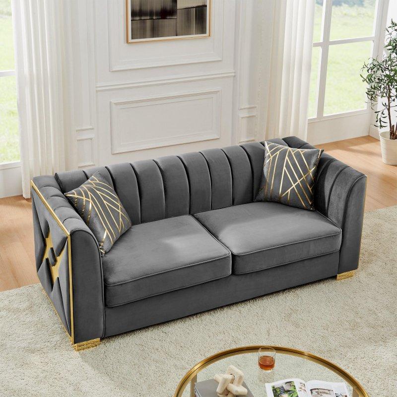 Gri Kadife Gold Metal Ayaklı Düğme Detaylı 3 Kişilik Bohem Koltuk - 206 cm - 293865