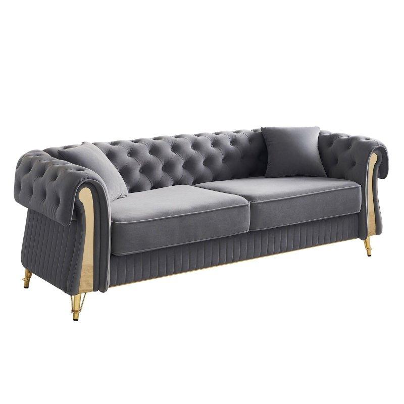 Gri Kadife Gold Metal Ayaklı Kapitoneli Chesterfield Bohem Koltuk - 227 cm - 289426