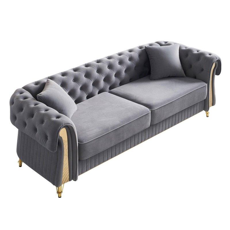 Gri Kadife Gold Metal Ayaklı Kapitoneli Chesterfield Bohem Koltuk - 227 cm - 289426