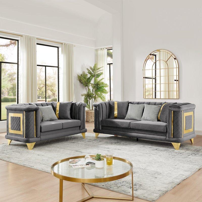 Gri Kadife Kapitoneli Gold Paslanmaz Çelik Süslemeli Bohem Koltuk - 176x100x87 cm - 292563