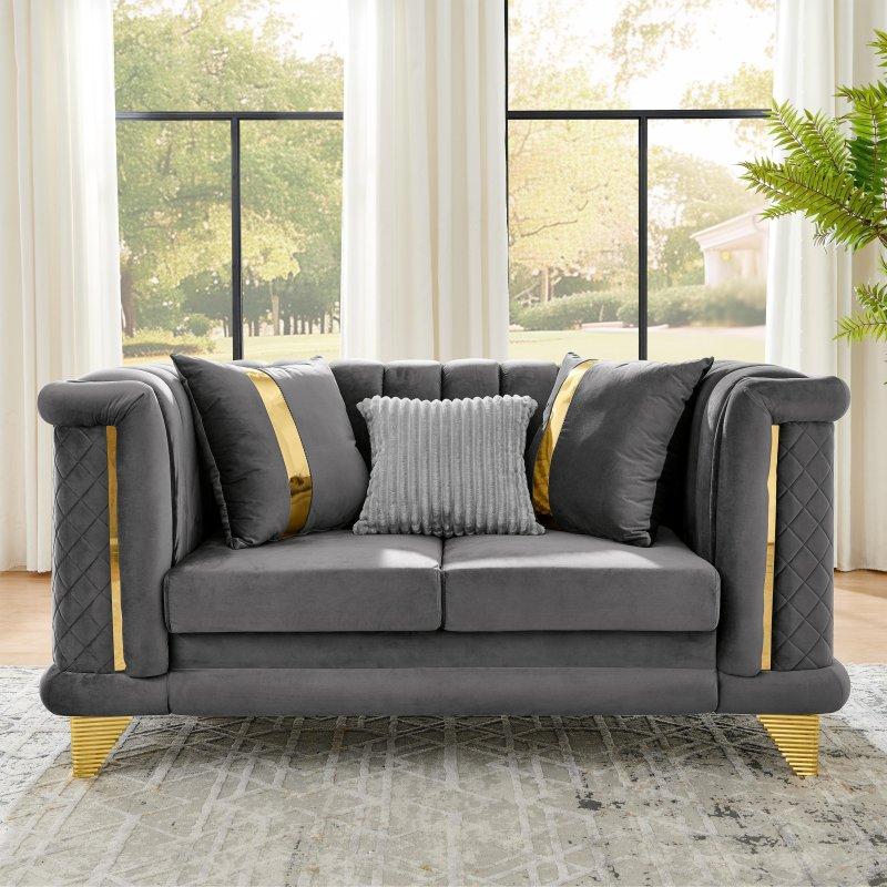Gri Kadife Kapitoneli Gold Paslanmaz Çelik Süslemeli Bohem Koltuk - 176x100x87 cm - 292563 Gri Kadife Kapitoneli Gold Paslanmaz Çelik Süslemeli Bohem Koltuk - 176x100x87 cm - 292563