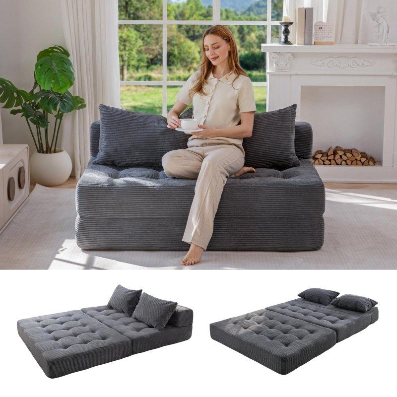 Gri Kadife Kapitoneli Yatağa Dönüşebilen Katlanabilir Bohem Koltuk - 135x90 cm - 290587