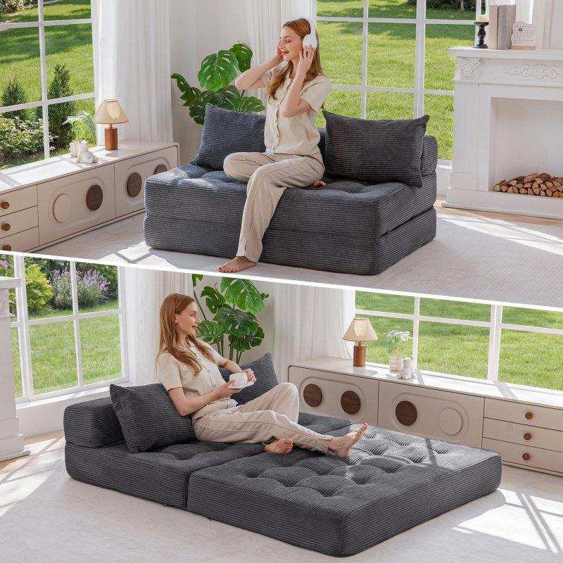 Gri Kadife Kapitoneli Yatağa Dönüşebilen Katlanabilir Bohem Koltuk - 135x90 cm - 290587