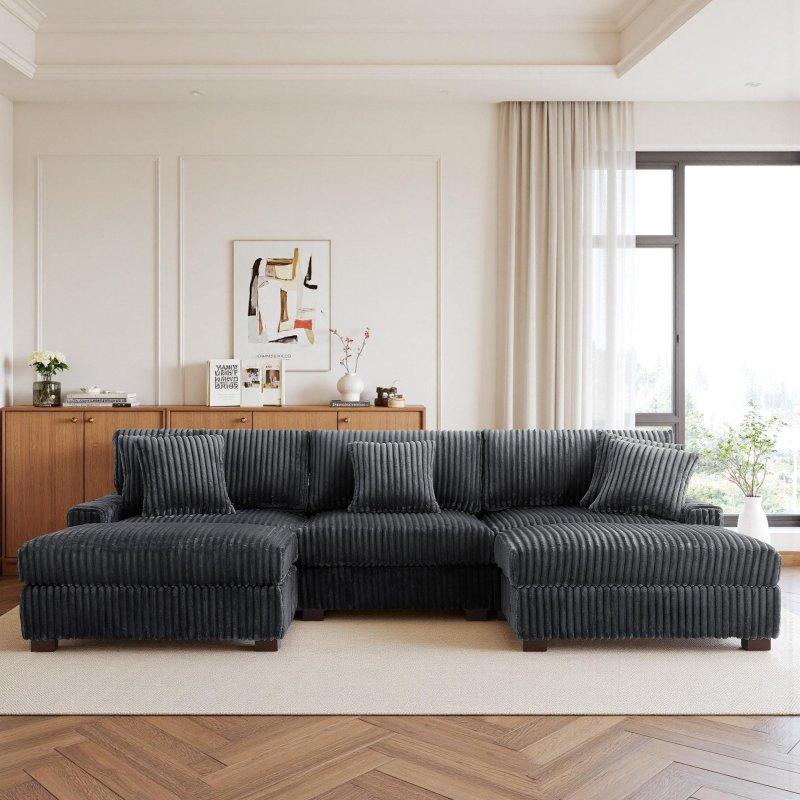 Gri Kadife Kumaş Ayarlanabilir Başlıklı Modüler U Şekilli Köşe Koltuk - 291x178 cm - 257008