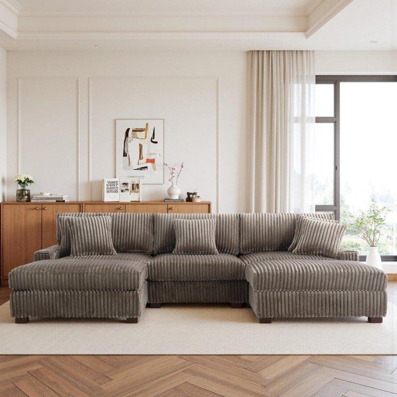 Gri Kadife Kumaş Ayarlanabilir Başlıklı Modüler U Şekilli Köşe Koltuk - 291x178 cm - 257008