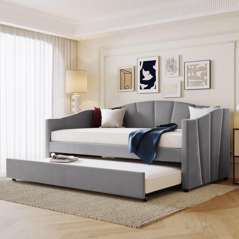 Gri Kadife Kumaş Yavru Yataklı Daybed Karyola - 329777