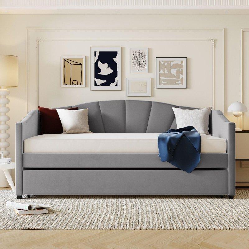 Gri Kadife Kumaş Yavru Yataklı Daybed Karyola - 329777