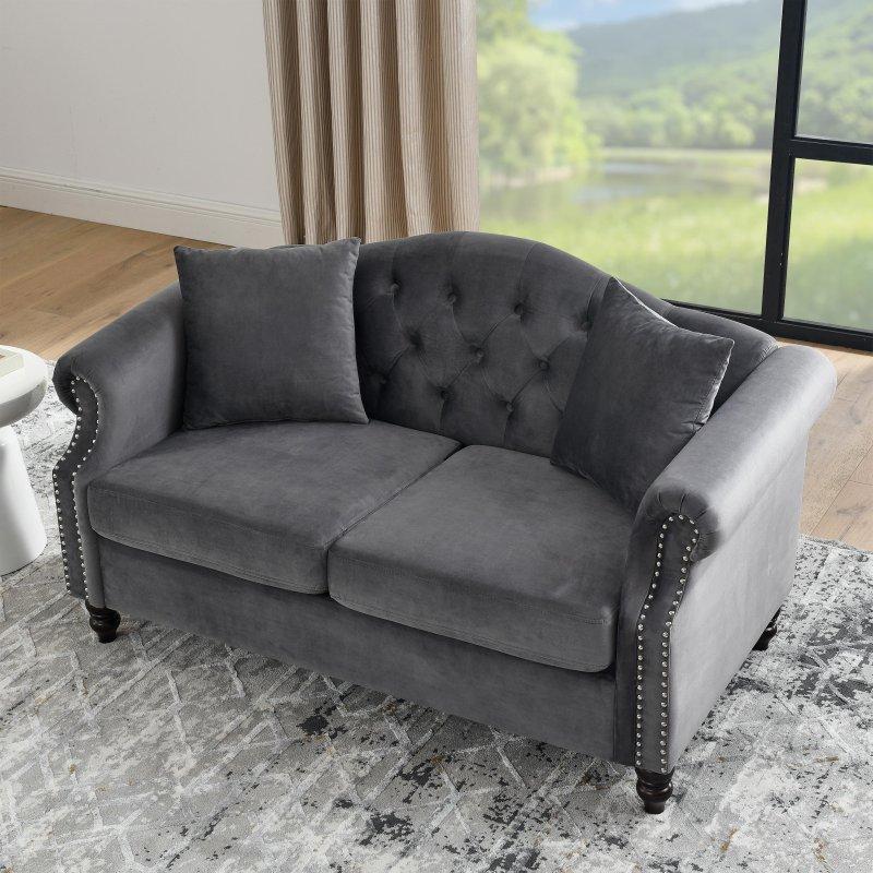 Gri Kadife Masif Ahşap Chesterfield Zımba Detaylı Kapitoneli Bohem Koltuk - 145x77x82 cm - 290707