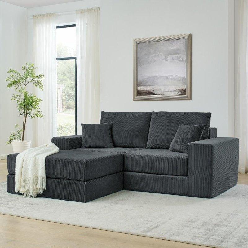 Gri Kadife Modüler Yataklı Puflu Köşe Koltuk - 202x161 cm - 260448