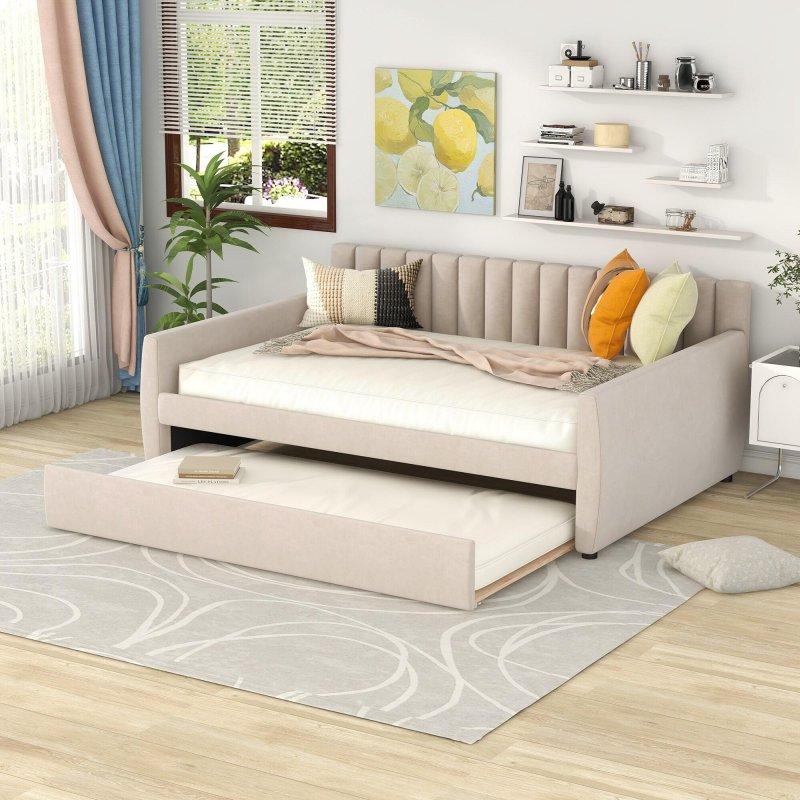 Gri Kadife Perçin Detaylı İki Çekmeceli Ahşap Daybed Karyola - 203x105 cm - 330316