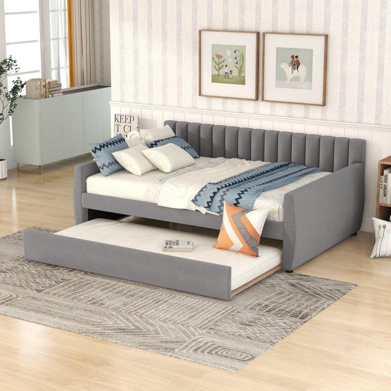 Gri Kadife Perçin Detaylı İki Çekmeceli Ahşap Daybed Karyola - 203x105 cm - 330316