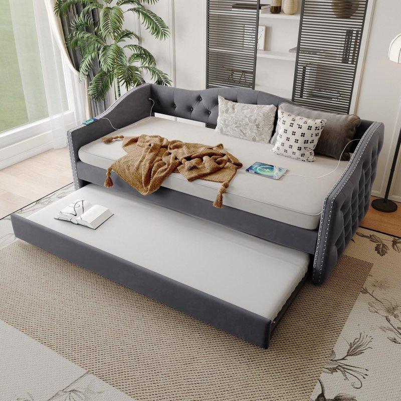 Gri Kadife USB Şarjlı Yavru Yataklı Kapitoneli Daybed Karyola - 206x103 cm - 329669