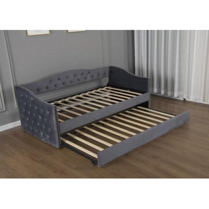 Gri Kadife USB Şarjlı Yavru Yataklı Kapitoneli Daybed Karyola - 206x103 cm - 329669