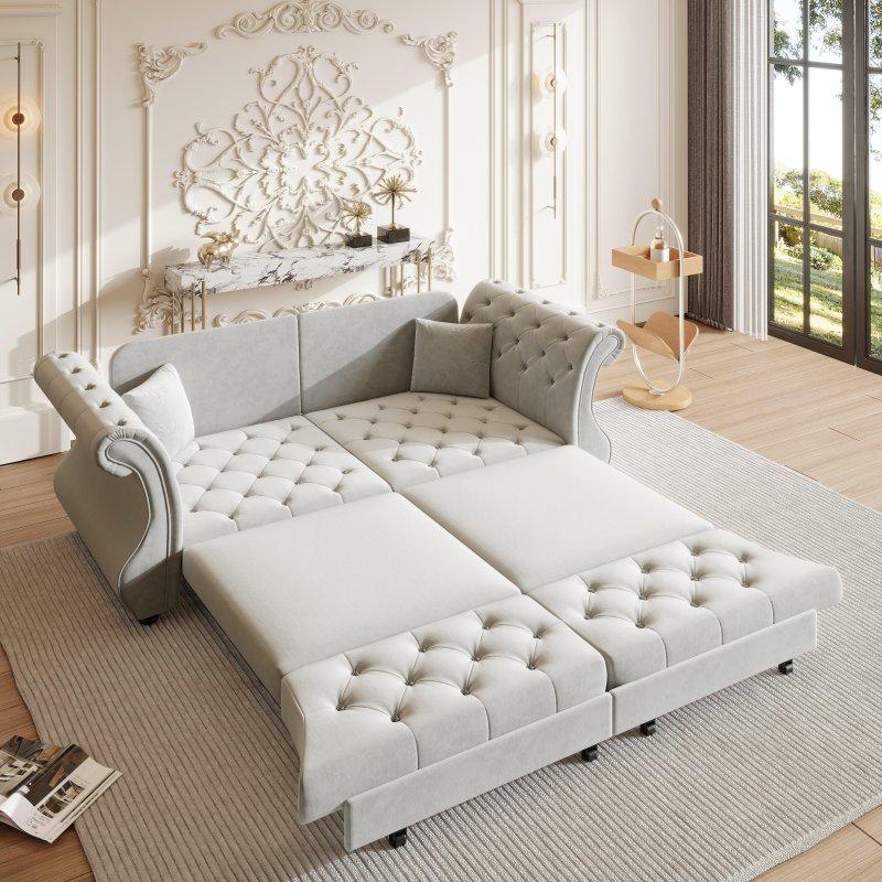 Gri Kadife Yataklı Çiçek Kapitoneli Kıvrık Kollu Bohem Koltuk - 213 cm - 292690